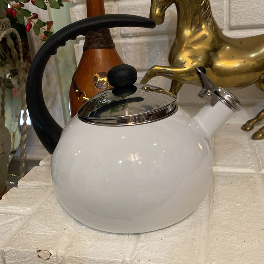 Farberware white teapot with silver lid and Black Handle